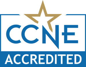 CCNE Accredited logo featuring a gold star above the blue letters CCNE with a blue rectangle below containing the word Accredited in white capital letters.
