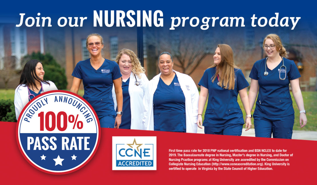 A diverse group of smiling nursing students walk together outdoors. A large badge reads “Proudly Announcing 100% Pass Rate.” Text invites people to join the nursing program, with CCNE accredited and program info at the bottom.