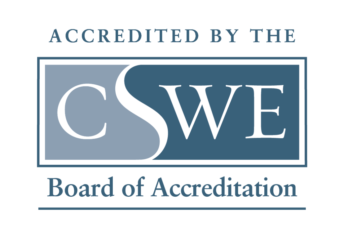 Logo with the text Accredited by the CSWE Board of Accreditation. The letters CSWE are displayed prominently in a large, stylized font inside a rectangular shape.