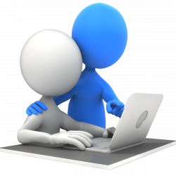 Two faceless 3D figures, one blue and one white, sit together at a laptop. The blue figure stands behind, placing a hand on the white figure’s shoulder and pointing at the laptop screen, suggesting guidance or teamwork.