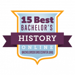 A badge-shaped graphic reads 15 Best Bachelors History Online with bachelorsdegreecenter.org at the bottom. The design features blue, purple, and gold colors.