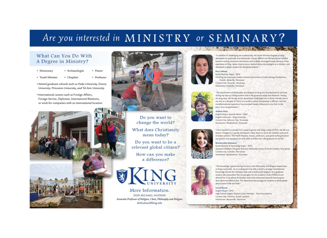 A King University flyer promotes ministry and seminary studies, featuring photos of students in group activities, painting, and community work, with information on related career paths and the benefits of a religious education.