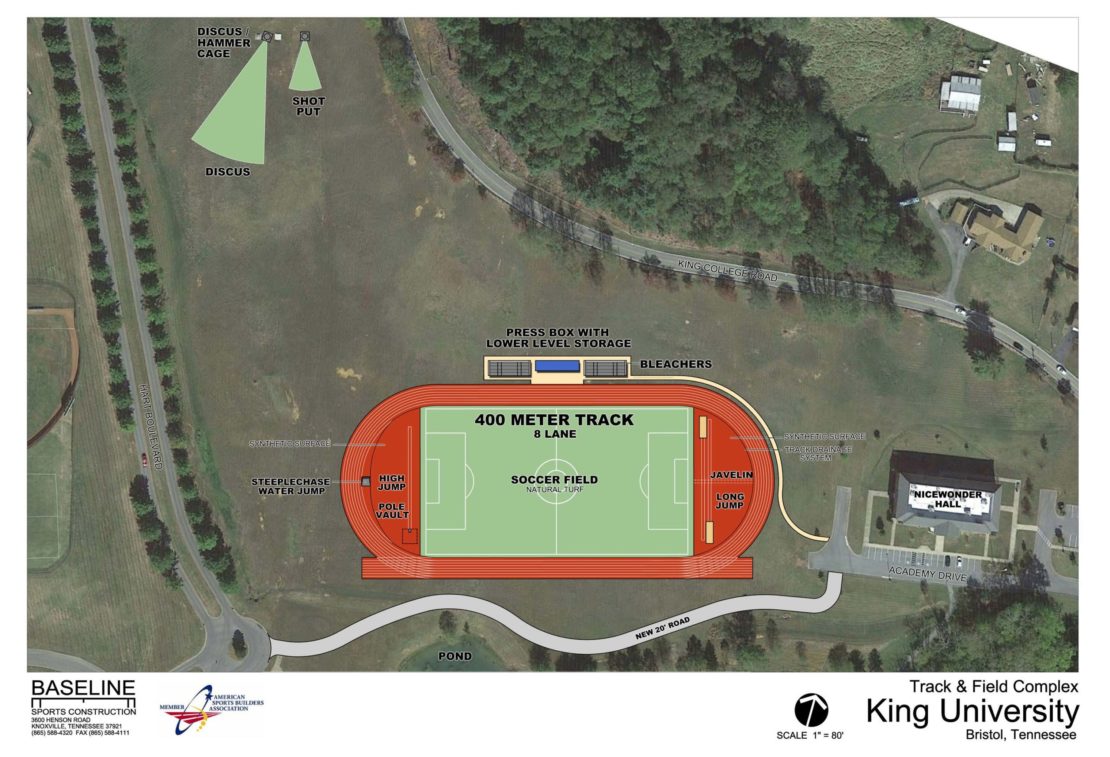 Aerial view of King University Track & Field Complex showing an 8-lane 400-meter track surrounding a soccer field, with labeled areas for discus, hammer, shot put, javelin, bleachers, and nearby parking.