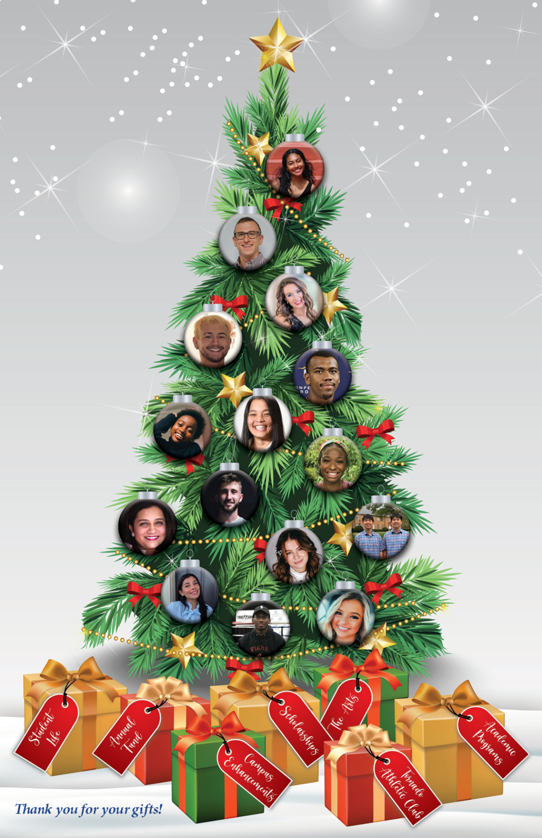 A Christmas tree decorated with photos of smiling people and topped with a gold star, surrounded by wrapped gifts labeled with positive words like “Scholarship,” “Family,” and “Community.” Snow falls in the background.