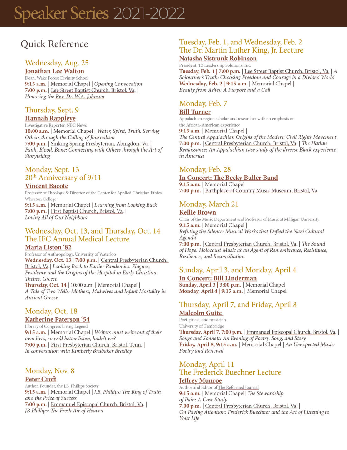 A flyer for the Speaker Series 2021-2022 listing event dates, speakers, topics, times, and locations. Speakers include Jonathan Lee Walton, Hannah Bagoly, Mona Hanna-Attisha, and others from August 2021 to April 2022.