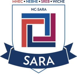 NC-SARA logo with a blue shield, interlocking geometric shapes in red, blue, and purple, the names MHEC, NEBHE, SREB, WICHE at the top, and a dark blue ribbon at the bottom labeled SARA.