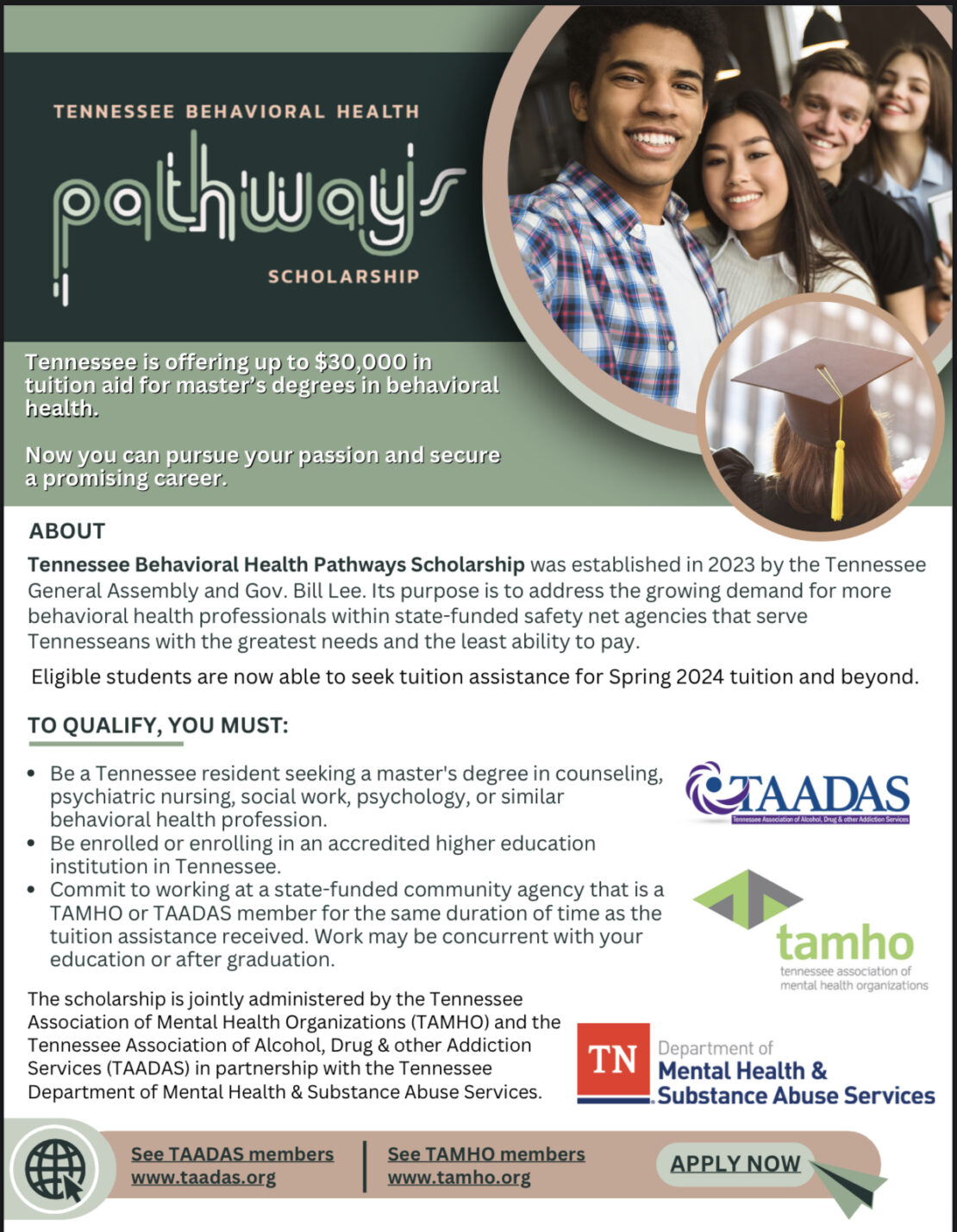 A scholarship flyer for Tennessee Behavioral Health Pathways shows smiling students and details up to $30,000 in tuition aid for master’s degrees in behavioral health. It lists eligibility criteria and sponsor logos at the bottom.
