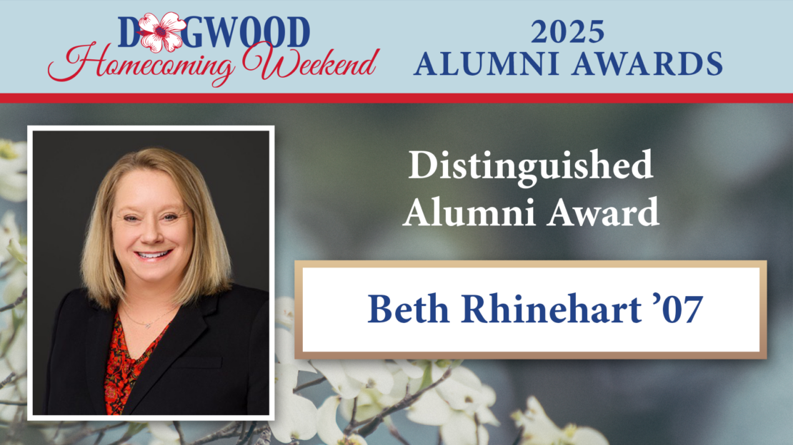 A woman with blonde hair in a black blazer and red blouse is pictured next to text reading “Distinguished Alumni Award: Beth Rhinehart 07” for the 2025 Dogwood Homecoming Weekend Alumni Awards.