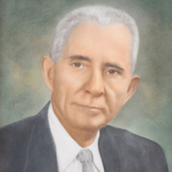 A formal painted portrait of an older man with short gray hair, wearing a dark suit, white shirt, and light tie, set against a soft, muted background.