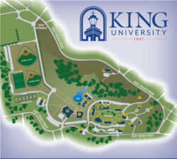Campus map of King University showing buildings, roads, sports fields, green spaces, parking areas, and pathways, with the university logo and a labeled main entrance at the top left.