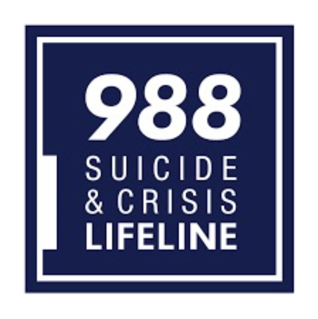 Dark blue square with white text that reads 988 Suicide & Crisis Lifeline, indicating a phone number for mental health crisis support.