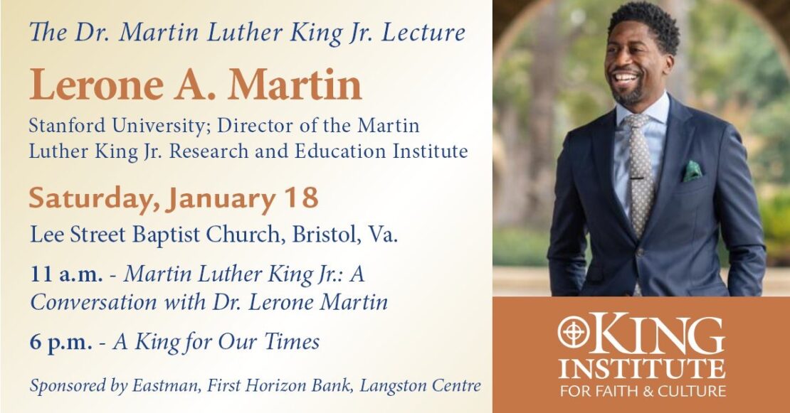 Event flyer for the Dr. Martin Luther King Jr. Lecture featuring Lerone A. Martin, with event details, date, location, schedule, and a photo of Lerone A. Martin smiling in a suit.