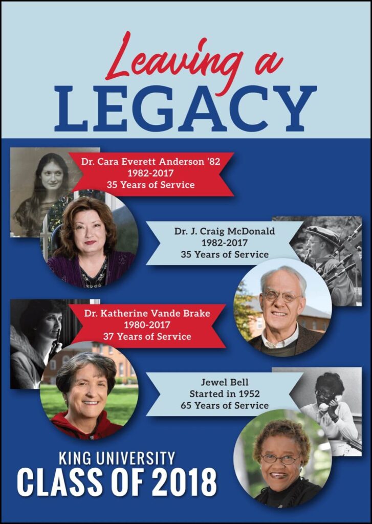 A poster titled Leaving a Legacy features photos and names of four King University staff, their years of service, and graduation or employment years, recognizing their contributions. Class of 2018 is at the bottom.