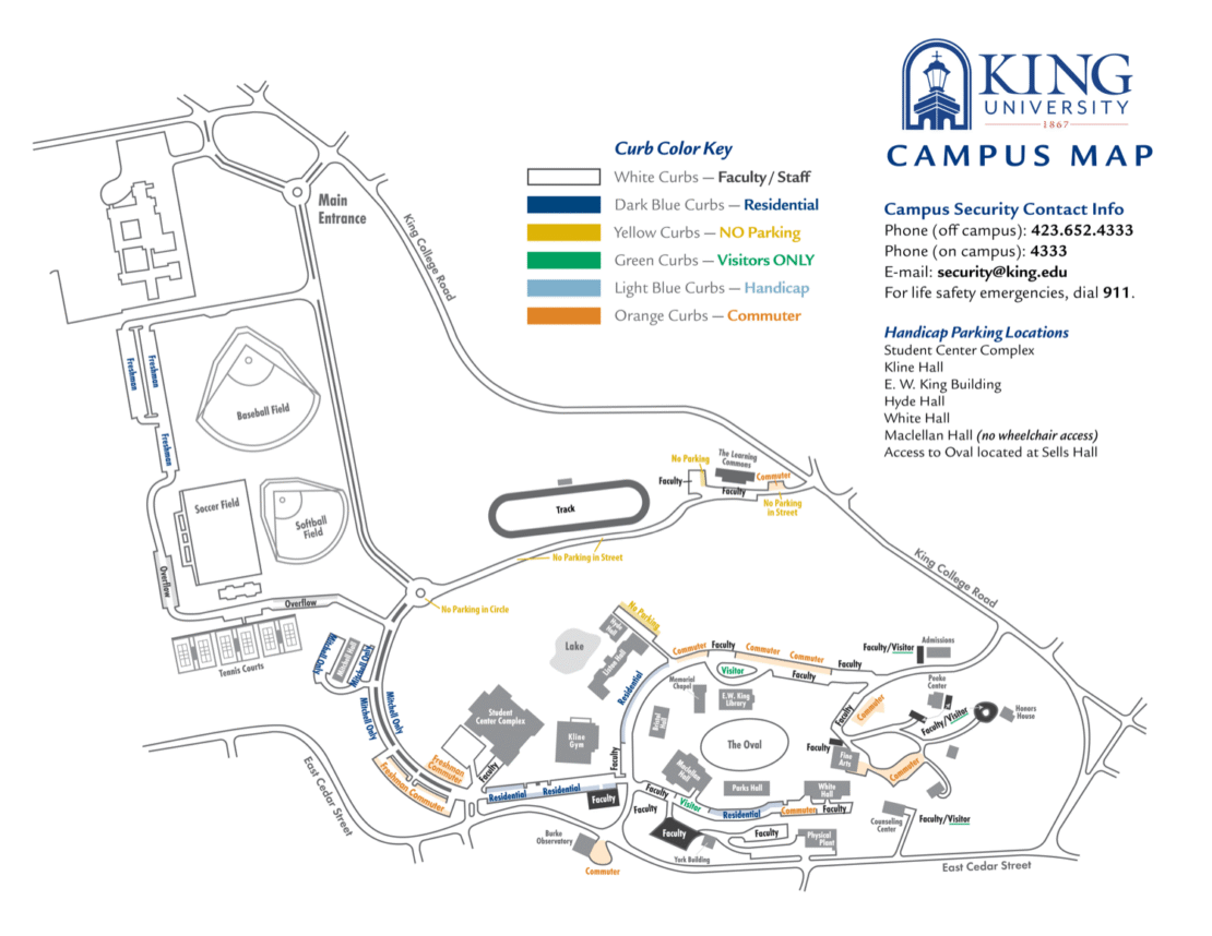 Campus map of King University with labeled buildings, parking areas marked by curb color codes for faculty, staff, visitors, and handicap access, plus emergency contact info and main roads surrounding the campus.